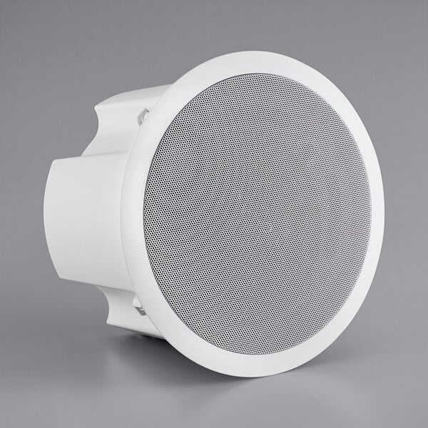 A white speaker with a round mesh.