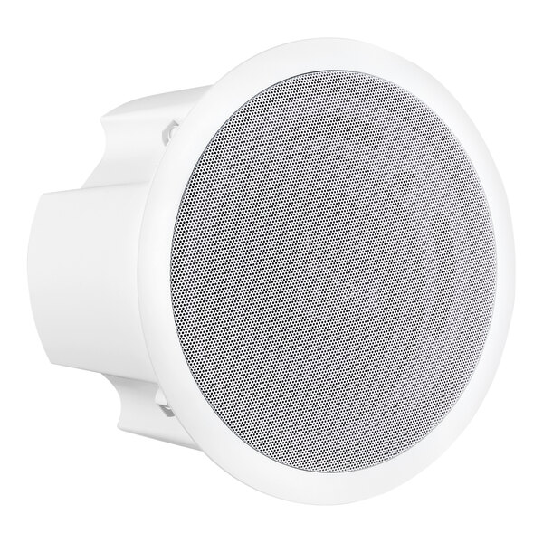 A round, off-white ceiling speaker with a backbox designed for 25/70V audio systems.