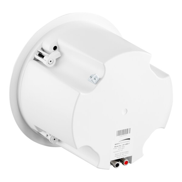 A round off-white ceiling speaker with an integrated backbox and connection terminals.