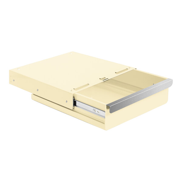 A beige steel BenchPro drawer with a metal handle.