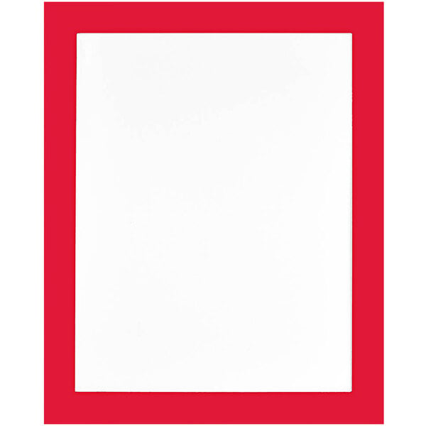 A white rectangular paper with a red border in a white self-adhesive sign holder.