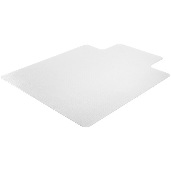 A clear vinyl Deflecto chair mat with beveled edges on a white background.