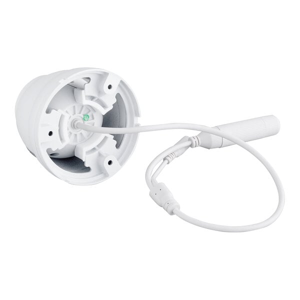A white Speco Technologies 5MP IP turret camera with a 2.8 mm fixed lens and attached cables.