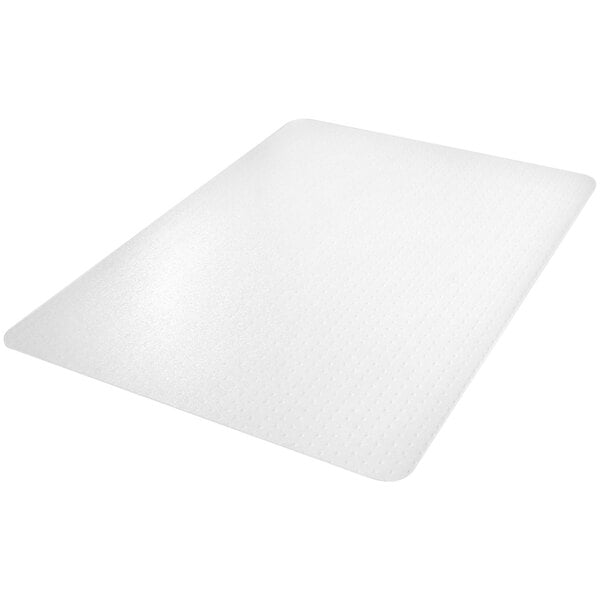 A clear rectangular Deflecto chair mat.