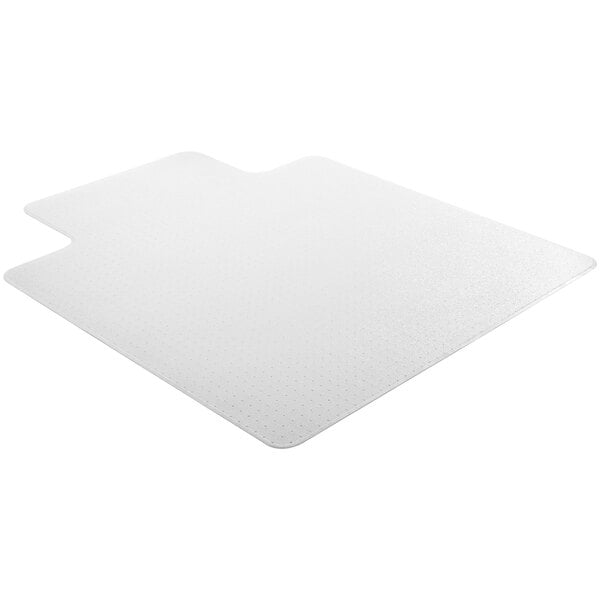 A clear vinyl Deflecto chair mat with a beveled edge on a white background.