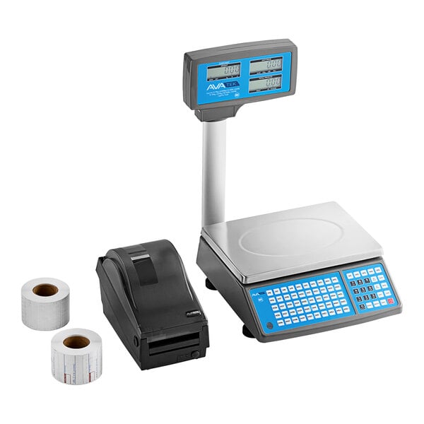 A grey AvaWeigh digital scale with a screen and blue buttons next to a black tower printer with a roll of paper tape.