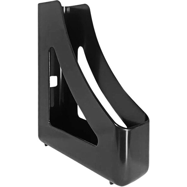 A black plastic Deflecto magazine file with holes.