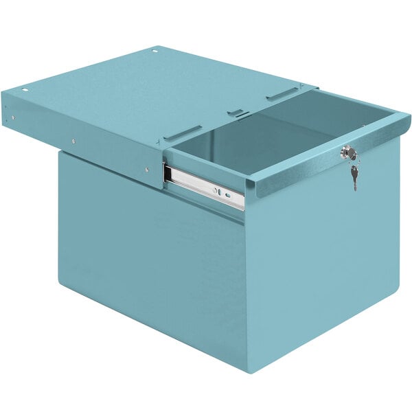 A light blue steel drawer for a BenchPro workstation with a handle and latch.