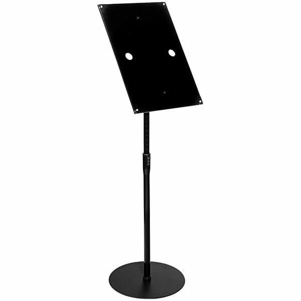 A black Deflecto telescoping floor sign display with a rectangular sign on it.