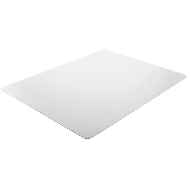 A clear rectangular Deflecto chair mat with a white background.