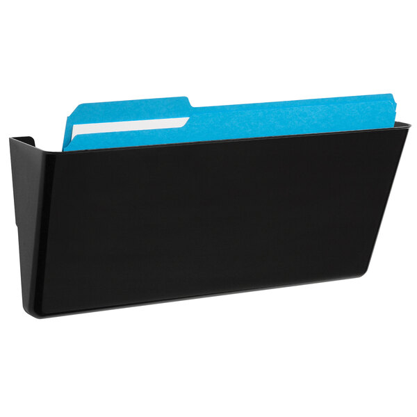 A black Deflecto EZ Link wall mount file holder with a blue file inside.