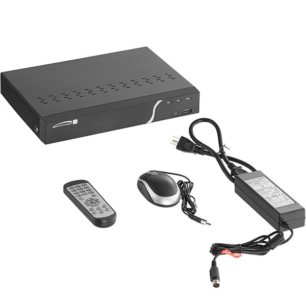 A black Speco Technologies network video recorder box with a white label and a mouse.