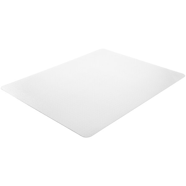 A clear rectangular Deflecto chair mat.