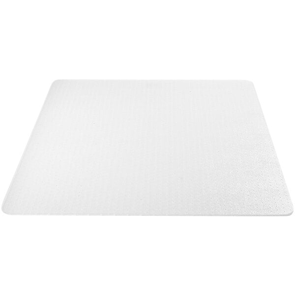 A clear rectangular Deflecto chair mat with a small white rectangle in the corner.