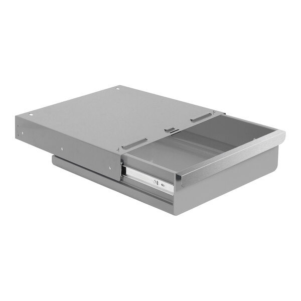 A gray metal BenchPro drawer with a handle on top.