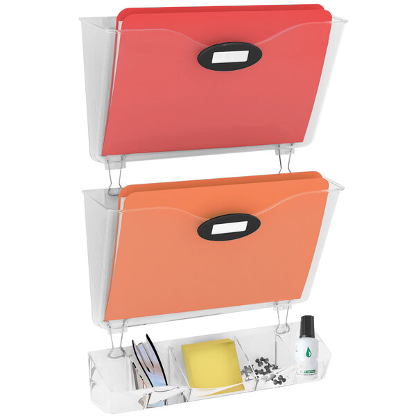 A clear Deflecto DocuPocket file holder with a couple of papers inside.
