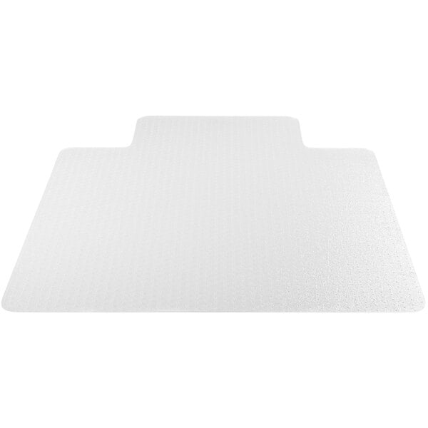 A clear vinyl chair mat with a square shape and a lip.