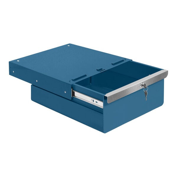 A dark blue steel BenchPro drawer with a handle.