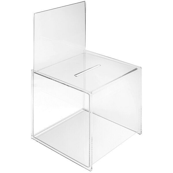 A clear plastic Deflecto ballot box with a slot.