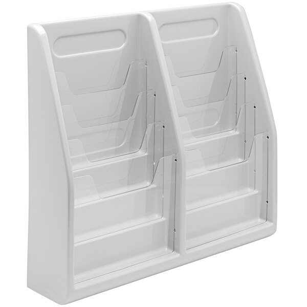 A gray plastic Deflecto magazine display with 8 clear plastic pockets.