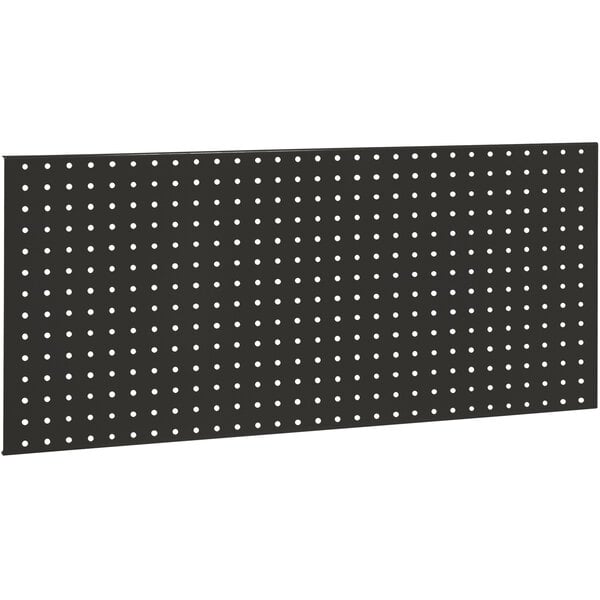 A black BenchPro steel pegboard with holes.