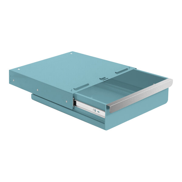 A light blue steel drawer with a silver handle.