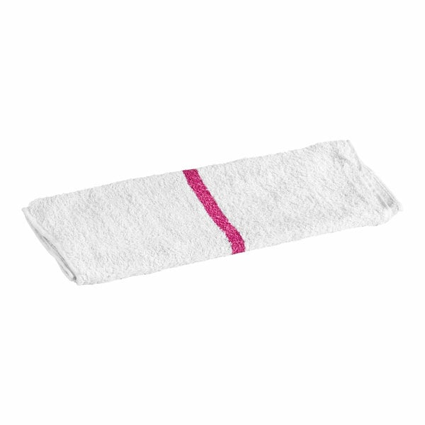 A white towel with a pink stripe running down the center, folded and placed on a white background.