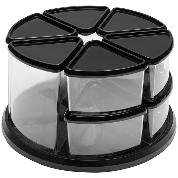 A black plastic circular carousel container with six compartments.