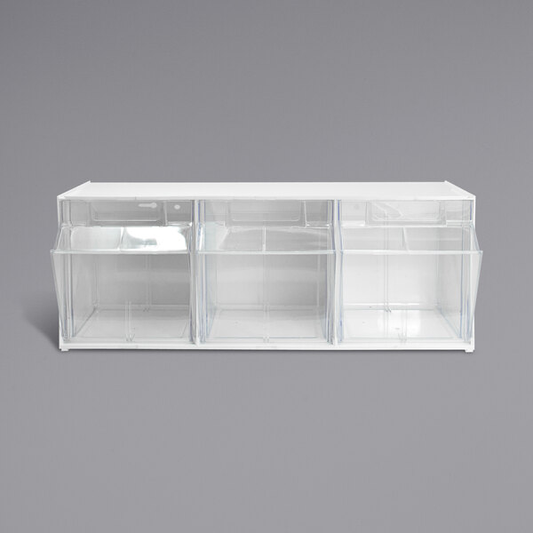 A white plastic storage cabinet with three compartments.