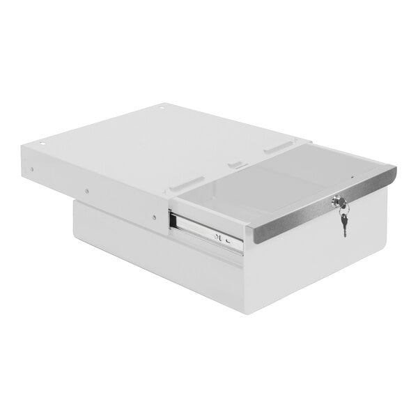 A white steel BenchPro drawer with a lid.