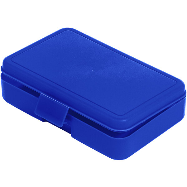 A blue Deflecto plastic pencil box with a lid and clip.