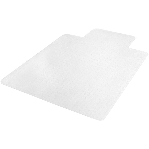 A clear vinyl Deflecto chair mat with a lipped edge.