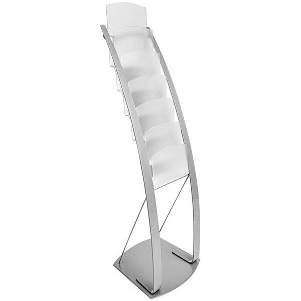 A silver and white Deflecto literature floor display with clear plastic shelves.