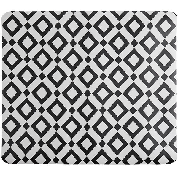 A white chair mat with a black diamond pattern.