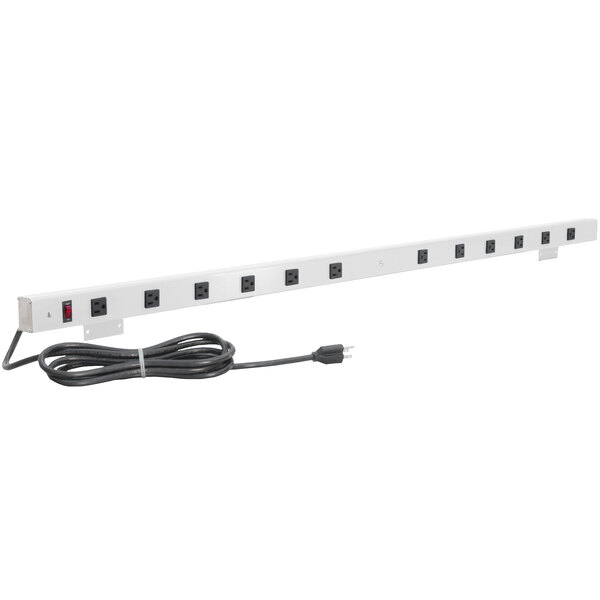 A BenchPro white power strip with black outlets.
