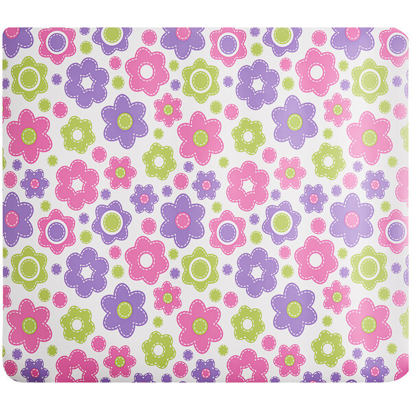 A white Deflecto chair mat with pink and green lazy daisy flowers and white stitching.