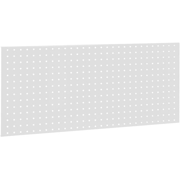 A white rectangular BenchPro steel pegboard with white holes.