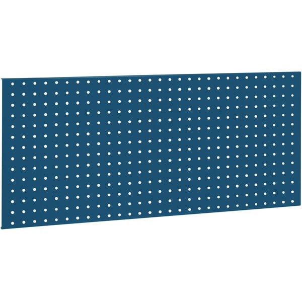 A dark blue steel pegboard with white dots.