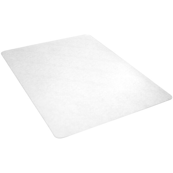 A clear Deflecto hard floor chair mat with a white sheet of paper on it.