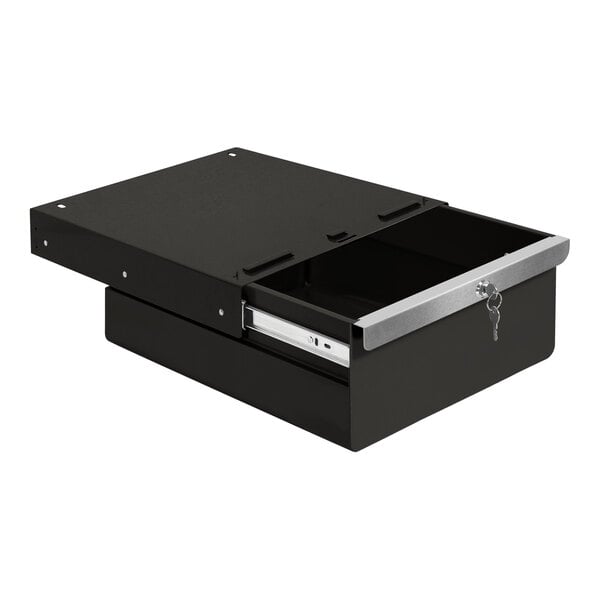 A black metal drawer with a silver handle.