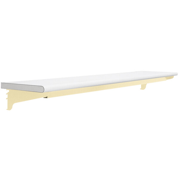 A beige Formica laminate top shelf with a shelf on top.