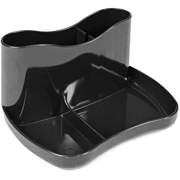 A black plastic Deflecto desk caddy with three compartments.