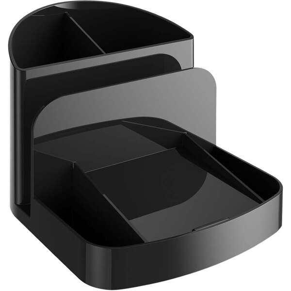 A black Deflecto desk caddy with two compartments.