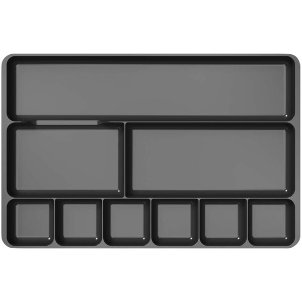 A black Deflecto drawer organizer tray with rectangular compartments.