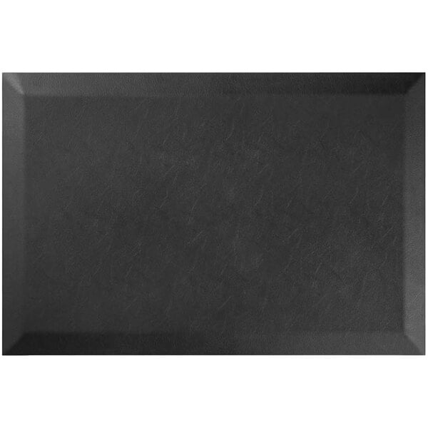 A black rectangular Deflecto standing mat with a black border.