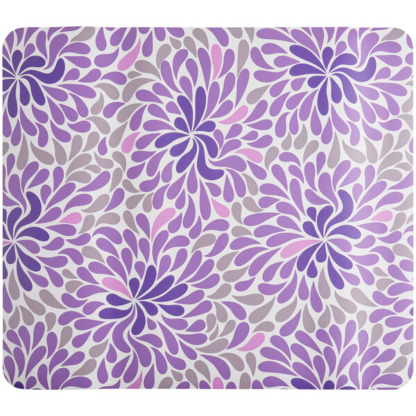 A Deflecto chair mat with a purple and white flower pattern on a white background.