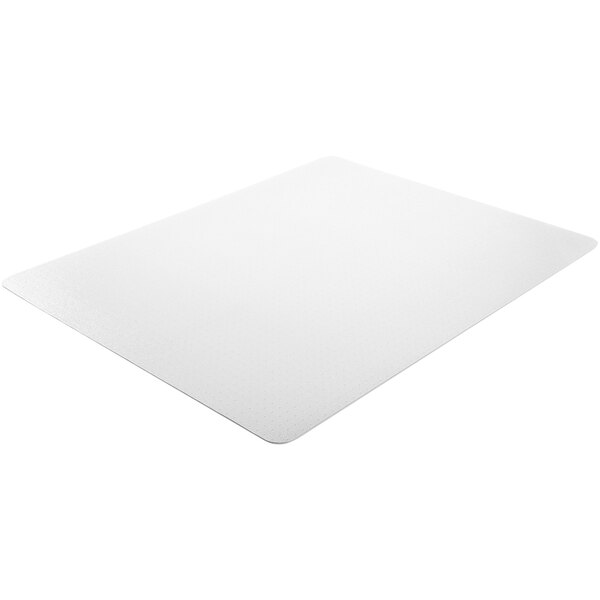 A clear rectangular Deflecto chair mat with dots on a white background.