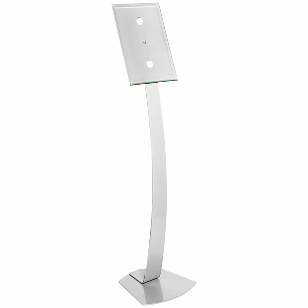 A silver Deflecto literature floor display with clear panels.