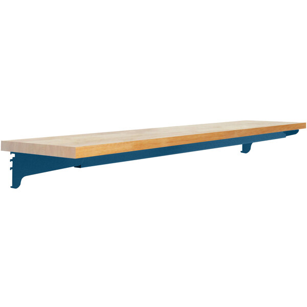 A BenchPro wood shelf with a dark blue top on a brown wooden base.