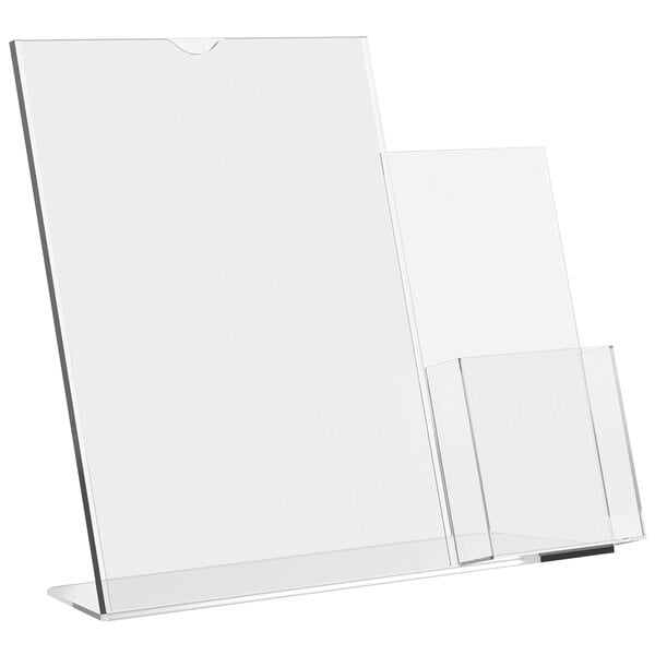 A clear plastic holder with a slanted sign holder and side pocket.